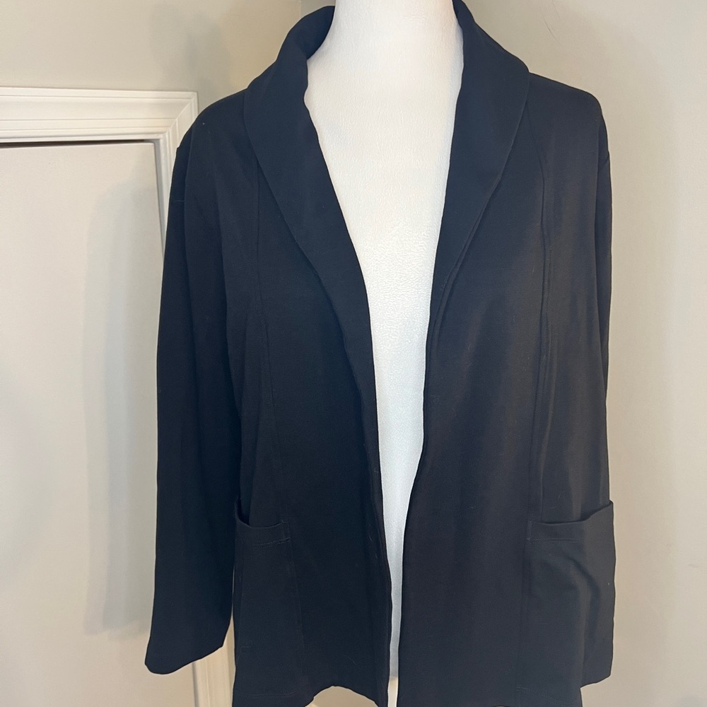 Eileen‎ Fisher Black Cotton Spandex Shawl Collar Open Front Blazer Jacket M